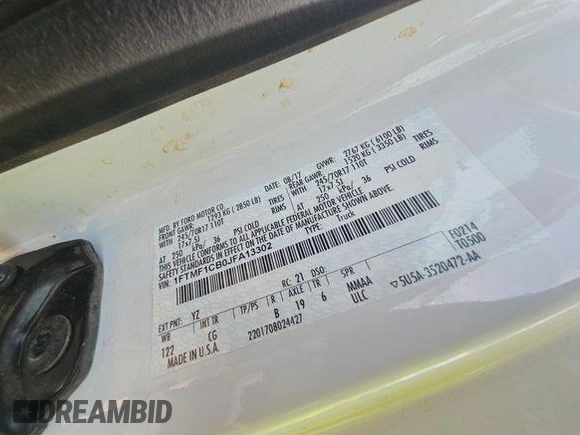 2018 Ford F-150 XL with VIN 1FTMF1CB0JFA13302, listed as a IAAI auction lot 42295266 with 117,173 mi miles and . Bid and sale history available at DreamBid. Image 1.
