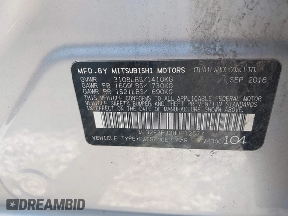 2017 Mitsubishi Mirage ES z VIN ML32F3FJ0HHF12577, wystawiony jako IAAI lot #42343593 z przebiegiem 150 000 mil mil oraz . Historia ofert i sprzedaży dostępna na DreamBid. Obrazek 9.
