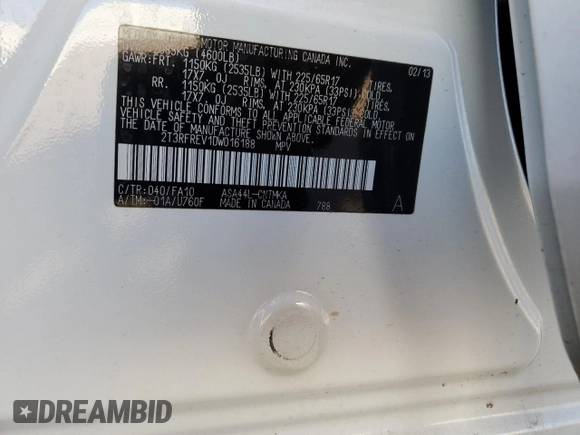2013 Toyota RAV4 XLE with VIN 2T3RFREV1DW016188, listed as a Copart auction lot 62016945 with 60,912 mi miles and Salvage title. Bid and sale history available at DreamBid. Image 12.