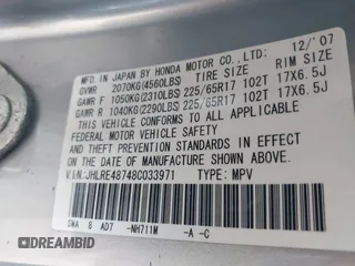 2008 Honda CR-V EX-L with VIN JHLRE48748C033971, listed as a IAAI auction lot 41994997 with 243,795 mi miles. Bid and sale history available at carsss.com. Image 9.