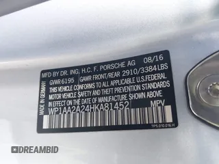 2017 Porsche Cayenne with VIN WP1AA2A24HKA81452, listed as a IAAI auction lot 41948826 with 96,647 mi miles and . Bid and sale history available at DreamBid. Image 9.