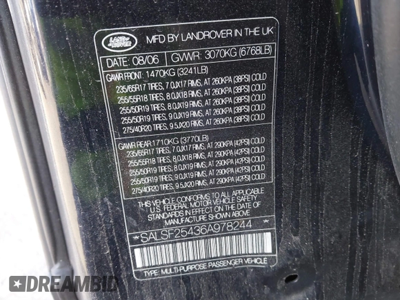 2006 Land Rover Range Rover Sport HSE с VIN SALSF25436A978244, выставлен на аукционе IAAI как лот 41513803 с пробегом 169 932 миль миль и . История ставок и продаж доступна на DreamBid. Изображение 9.