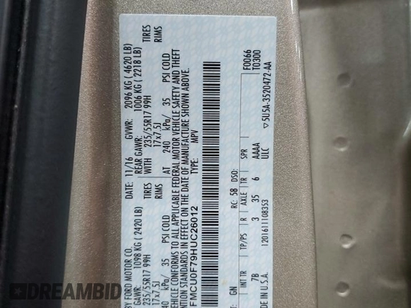 2017 Ford Escape S with VIN 1FMCU0F79HUC26012, listed as a Copart auction lot 65235285 with 98,682 mi miles and Salvage title. Bid and sale history available at DreamBid. Image 14.
