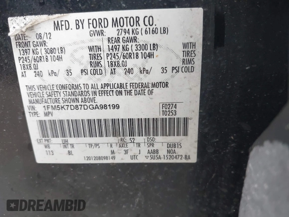 2013 Ford Explorer XLT с VIN 1FM5K7D87DGA98199, выставлен на аукционе IAAI как лот 42668584 с пробегом 238 610 миль миль и . История ставок и продаж доступна на DreamBid. Изображение 9.