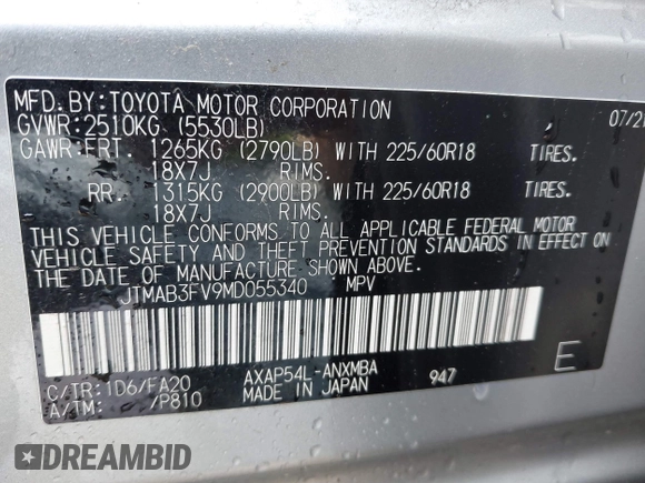 2021 Toyota RAV4 SE with VIN JTMAB3FV9MD055340, listed as a IAAI auction lot 42278024 with 42,040 mi miles and . Bid and sale history available at DreamBid. Image 9.