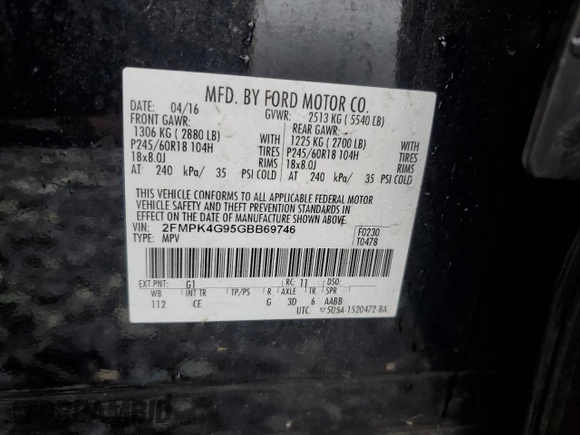 2016 Ford Edge SE with VIN 2FMPK4G95GBB69746, listed as a Copart auction lot 56511215 with 117,483 mi miles and Salvage title. Bid and sale history available at DreamBid. Image 13.