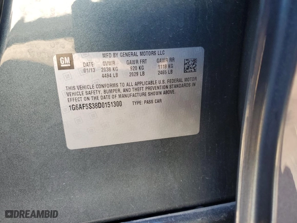 2013 Cadillac ATS Premium with VIN 1G6AF5S38D0151300, listed as a Copart auction lot 80007324 with 0 mi miles and Salvage Title. Bid and sale history available at carsss.com. Image 12.
