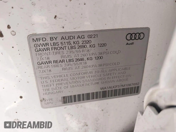 2021 Audi Q3 Premium with VIN WA1AUCF37M1087692, listed as a IAAI auction lot 41277380 with 66,039 mi miles and . Bid and sale history available at DreamBid. Image 9.