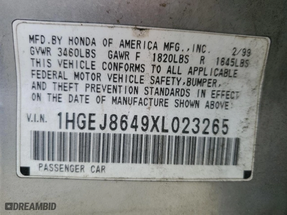 1999 Honda Civic EX with VIN 1HGEJ8649XL023265, listed as a Copart auction lot 53534445 with 265,017 mi miles and Clean Title. Bid and sale history available at carsss.com. Image 12.
