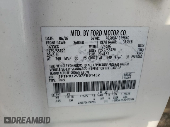 2007 Ford F-150 XL with VIN 1FTPX12V97FB61432, listed as a Copart auction lot 53758525 with 285,278 mi miles and Salvage title. Bid and sale history available at DreamBid. Image 13.