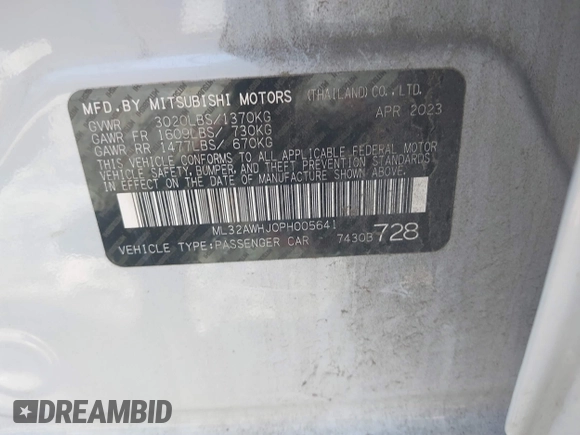 2023 Mitsubishi Mirage Black Edition with VIN ML32AWHJ0PH005641, listed as a IAAI auction lot 39886475 with 11,379 mi miles and . Bid and sale history available at DreamBid. Image 9.