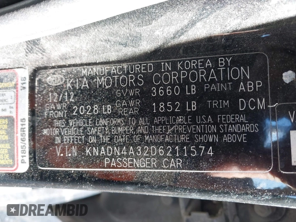 2013 Kia Rio SX with VIN KNADN4A32D6211574, listed as a IAAI auction lot 41671851 with 224,203 mi miles. Bid and sale history available at carsss.com. Image 9.