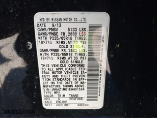 2014 Nissan Murano SL with VIN JN8AZ1MU1EW401594, listed as a IAAI auction lot 42100729 with 126,052 mi miles. Bid and sale history available at carsss.com. Image 9.