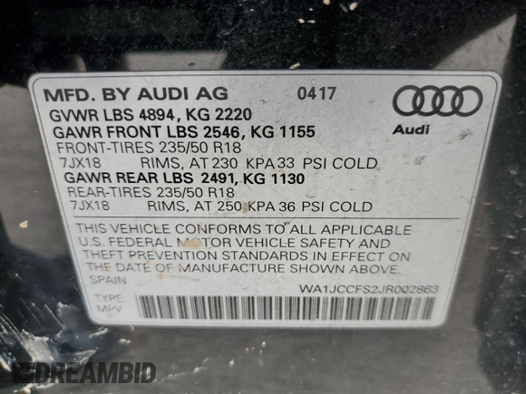 2018 Audi Q3 Premium Plus with VIN WA1JCCFS2JR002863, listed as a Copart auction lot 51653775 with 108,865 mi miles and Salvage Title. Bid and sale history available at carsss.com. Image 15.