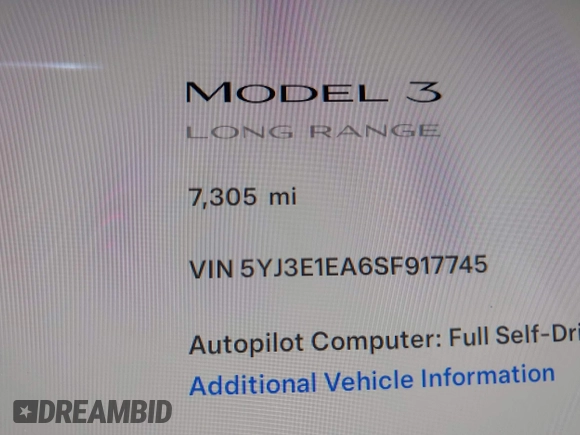 2025 Tesla Model 3 Long Range with VIN 5YJ3E1EA6SF917745, listed as a IAAI auction lot 42533673 with 7,305 mi miles and . Bid and sale history available at DreamBid. Image 15.