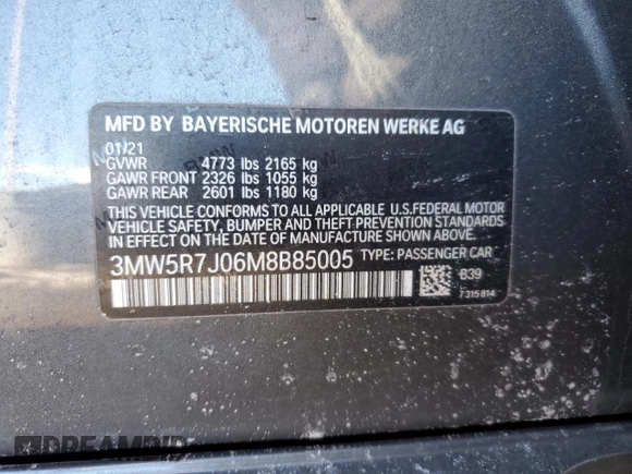 2021 BMW 3 Series 330i xDrive with VIN 3MW5R7J06M8B85005, listed as a Copart auction lot 45210325 with 52,240 mi miles and Salvage title. Bid and sale history available at DreamBid. Image 12.