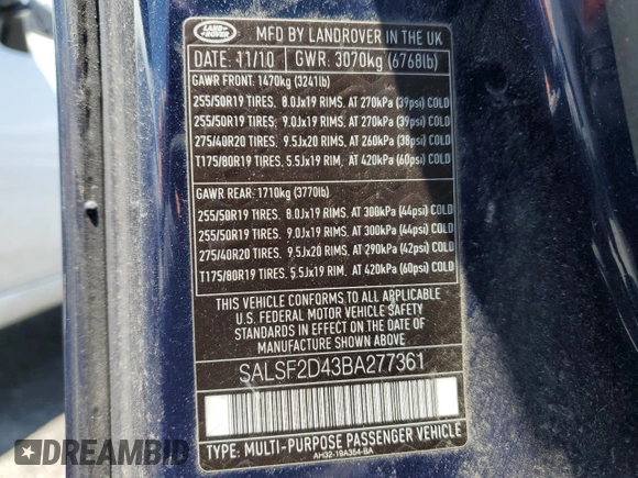 2011 Land Rover Range Rover Sport HSE with VIN SALSF2D43BA277361, listed as a Copart auction lot 59402525 with 123,623 mi miles and Clean title. Bid and sale history available at DreamBid. Image 13.