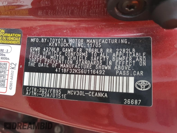 2006 Toyota Camry LE z VIN 4T1BF32K56U116492, wystawiony jako Copart lot #55510535 z przebiegiem 195 548 mil mil oraz Szkoda całkowita • Salvage title. Historia ofert i sprzedaży dostępna na DreamBid. Obrazek 12.