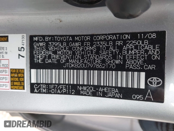 2009 Toyota Prius with VIN JTDKB20U797862170, listed as a IAAI auction lot 42105448 with 168,406 mi miles. Bid and sale history available at carsss.com. Image 9.