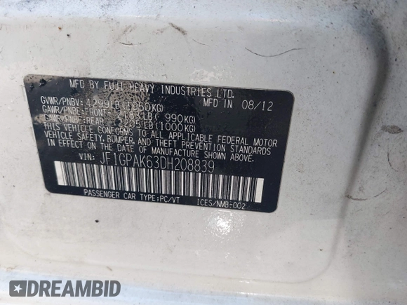 2013 Subaru Impreza Limited с VIN JF1GPAK63DH208839, выставлен на аукционе IAAI как лот 42177203 с пробегом 127 448 миль миль и . История ставок и продаж доступна на DreamBid. Изображение 9.