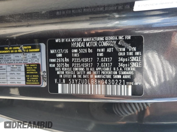 2017 Hyundai Santa Fe 2.4L z VIN 5XYZUDLB8HG430221, wystawiony jako Copart lot #64330015 z przebiegiem 151 318 mil mil oraz Szkoda całkowita • Salvage title. Historia ofert i sprzedaży dostępna na DreamBid. Obrazek 12.