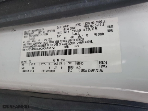 2016 Ford Transit Cargo Van with VIN 1FTYR2CG9GKA15172, listed as a Copart auction lot 87537575 with 214,227 mi miles and Salvage Title. Bid and sale history available at carsss.com. Image 12.