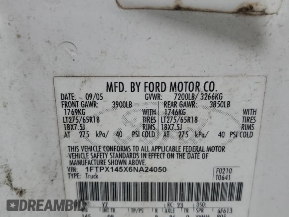 2006 Ford F-150 XLT with VIN 1FTPX145X6NA24050, listed as a Copart auction lot 55394625 with 209,137 mi miles and Salvage title. Bid and sale history available at DreamBid. Image 12.