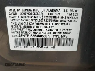 2008 Honda Pilot EX-L with VIN 5FNYF18568B053077, listed as a IAAI auction lot 42195911 with 313,879 mi miles and . Bid and sale history available at DreamBid. Image 9.