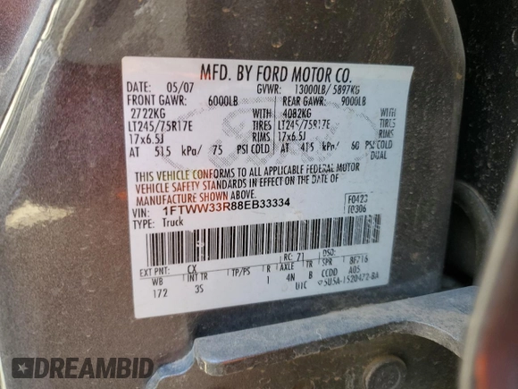 2008 Ford F-350 XL with VIN 1FTWW33R88EB33334, listed as a Copart auction lot 47575965 with 219,596 mi miles and Salvage title. Bid and sale history available at DreamBid. Image 12.