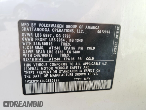 2018 Volkswagen Atlas SE z VIN 1V2KR2CA9JC580829, wystawiony jako Copart lot #53836245 z przebiegiem 93 194 mil mil oraz Szkoda całkowita • Salvage title. Historia ofert i sprzedaży dostępna na DreamBid. Obrazek 14.