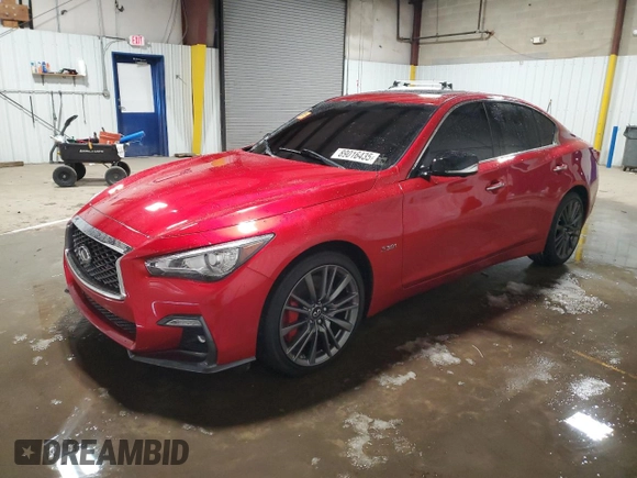 2020 Infiniti Q50 Red Sport 400 with VIN JN1FV7AR7LM660179, listed as a Copart auction lot 89016435 with 33,500 mi miles and Salvage Title. Bid and sale history available at carsss.com. Image 1.