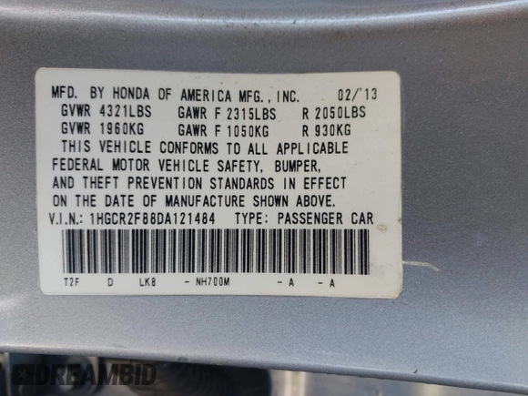2013 Honda Accord EX-L with VIN 1HGCR2F88DA121484, listed as a IAAI auction lot 42203665 with 172,929 mi miles and . Bid and sale history available at DreamBid. Image 9.