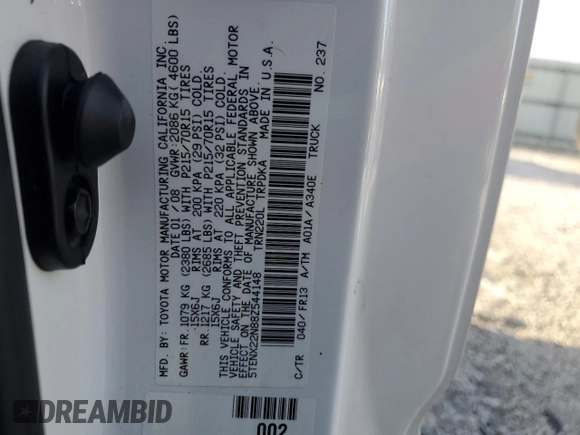 2008 Toyota Tacoma with VIN 5TENX22N88Z544148, listed as a Copart auction lot 49304965 with 157,101 mi miles and Salvage title. Bid and sale history available at DreamBid. Image 15.
