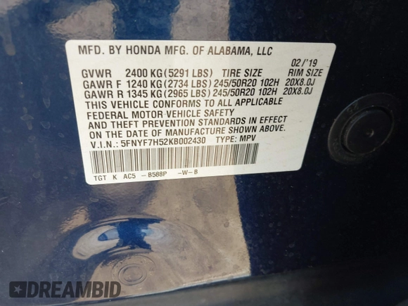 2019 Honda Passport EX-L with VIN 5FNYF7H52KB002430, listed as a IAAI auction lot 42095057 with 88,939 mi miles and . Bid and sale history available at carsss.com. Image 9.