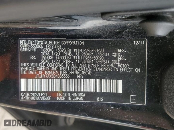 2011 Lexus LX 570 with VIN JTJHY7AX5B4083336, listed as a Copart auction lot 53483085 with 170,840 mi miles and Clean Title. Bid and sale history available at DreamBid. Image 13.