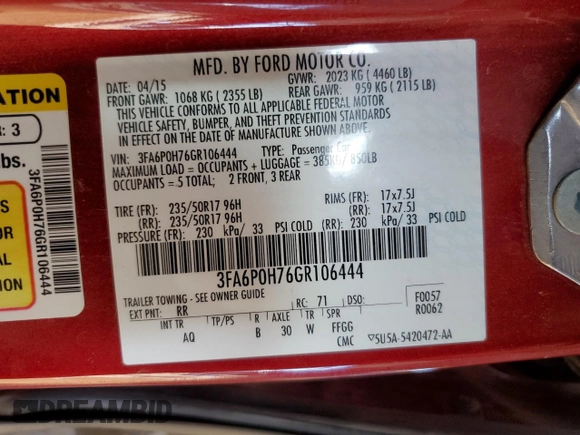 2016 Ford Fusion SE with VIN 3FA6P0H76GR106444, listed as a Copart auction lot 53709645 with 112,491 mi miles and Salvage Title. Bid and sale history available at DreamBid. Image 15.