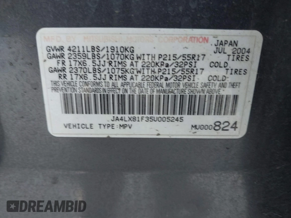 2005 Mitsubishi Outlander z VIN JA4LX81F35U005245, wystawiony jako IAAI lot #42430398 z przebiegiem 221 922 mil mil oraz . Historia ofert i sprzedaży dostępna na DreamBid. Obrazek 9.