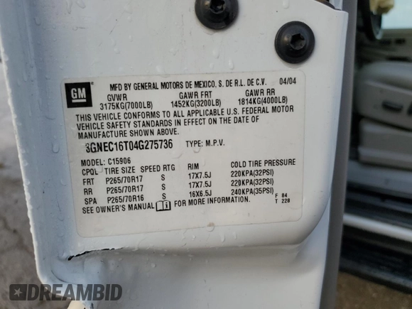 2004 Chevrolet Suburban LT z VIN 3GNEC16T04G275736, wystawiony jako Copart lot #41985385 z przebiegiem 215 292 mil mil oraz Nie do naprawy • Non repairable. Historia ofert i sprzedaży dostępna na DreamBid. Obrazek 14.