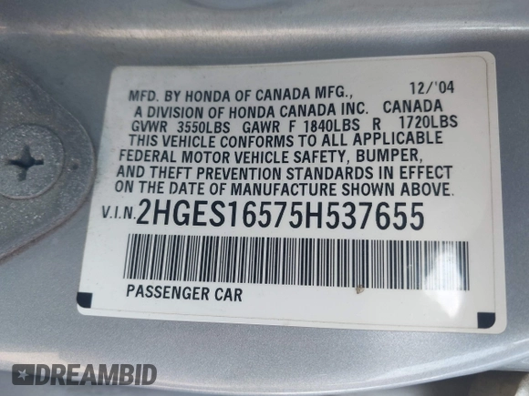 2005 Honda Civic LX with VIN 2HGES16575H537655, listed as a IAAI auction lot 42087479 with 189,307 mi miles and . Bid and sale history available at DreamBid. Image 9.