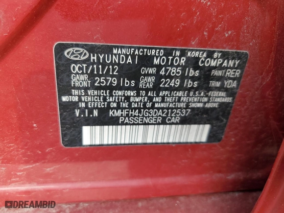 2013 Hyundai Azera with VIN KMHFH4JG3DA212537, listed as a Copart auction lot 62455324 with 130,531 mi miles and Clean Title. Bid and sale history available at carsss.com. Image 12.