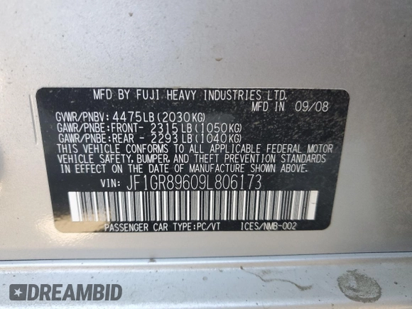 2009 Subaru WRX STI with VIN JF1GR89609L806173, listed as a Copart auction lot 63129224 with Not provided miles and Salvage title. Bid and sale history available at DreamBid. Image 14.