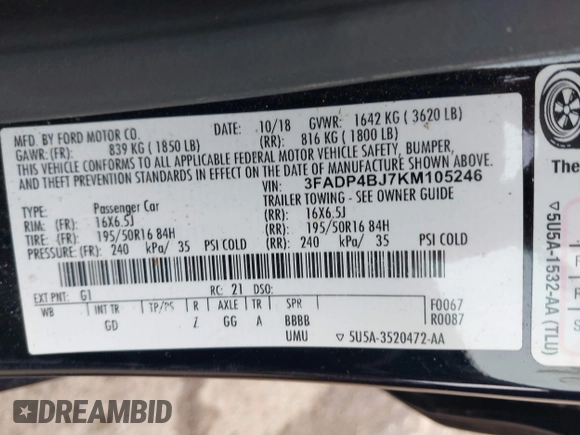2019 Ford Fiesta SE with VIN 3FADP4BJ7KM105246, listed as a IAAI auction lot 42039557 with 48,186 mi miles. Bid and sale history available at carsss.com. Image 9.