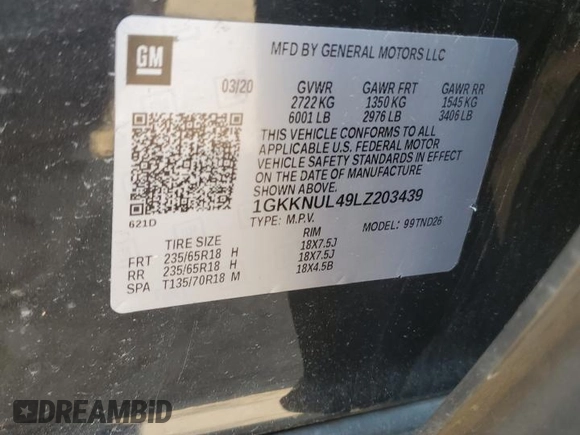 2020 GMC Acadia SLT z VIN 1GKKNUL49LZ203439, wystawiony jako Copart lot #65792924 z przebiegiem 71 913 mil mil oraz Szkoda całkowita • Salvage title. Historia ofert i sprzedaży dostępna na DreamBid. Obrazek 13.