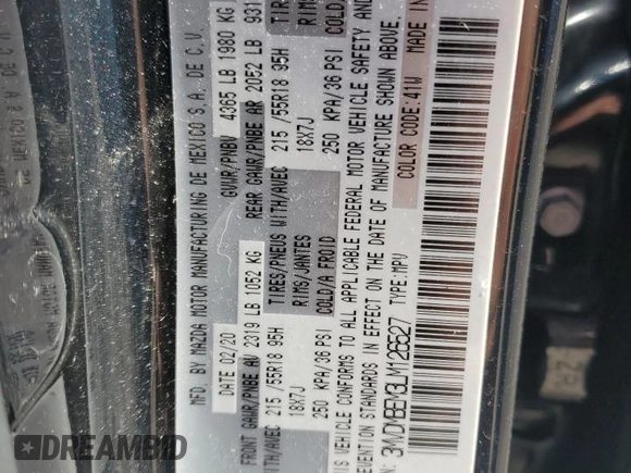 2020 Mazda CX-30 Premium z VIN 3MVDMBEM3LM126527, wystawiony jako Copart lot #53249135 z przebiegiem 42 320 mil mil oraz Szkoda całkowita • Salvage title. Historia ofert i sprzedaży dostępna na DreamBid. Obrazek 15.
