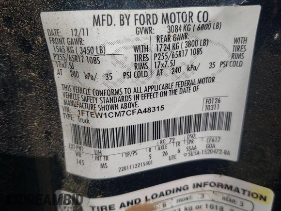 2012 Ford F-150 XL with VIN 1FTEW1CM7CFA48315, listed as a Copart auction lot 50259085 with 242,761 mi miles and Salvage Title. Bid and sale history available at carsss.com. Image 14.