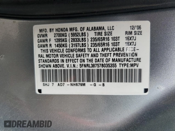 2007 Honda Odyssey EX-L with VIN 5FNRL38757B035355, listed as a Copart auction lot 50515835 with 256,009 mi miles and Non Repairable. Bid and sale history available at DreamBid. Image 13.