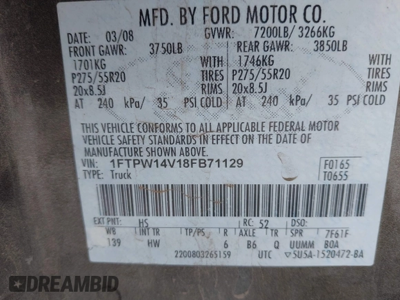 2008 Ford F-150 XLT z VIN 1FTPW14V18FB71129, wystawiony jako IAAI lot #41252246 z przebiegiem 282 129 mil mil oraz . Historia ofert i sprzedaży dostępna na DreamBid. Obrazek 9.