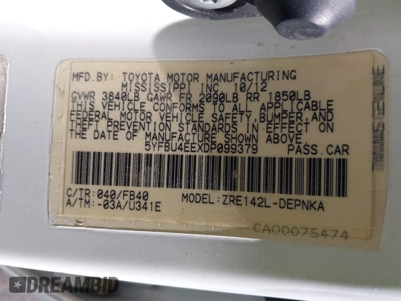 2013 Toyota Corolla L with VIN 5YFBU4EEXDP099379, listed as a IAAI auction lot 42036490 with 222,950 mi miles and . Bid and sale history available at DreamBid. Image 9.