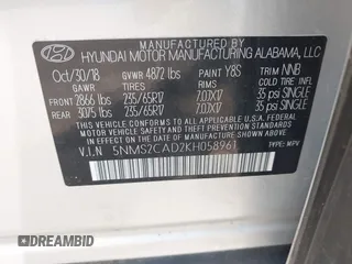 2019 Hyundai Santa Fe SE z VIN 5NMS2CAD2KH058961, wystawiony jako IAAI lot #42395683 z przebiegiem 81 228 mil mil oraz . Historia ofert i sprzedaży dostępna na DreamBid. Obrazek 9.