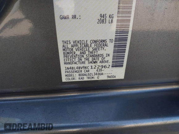 2019 Nissan Altima S with VIN 1N4BL4BV9KC122962, listed as a IAAI auction lot 41944568 with 79,011 mi miles and . Bid and sale history available at DreamBid. Image 9.